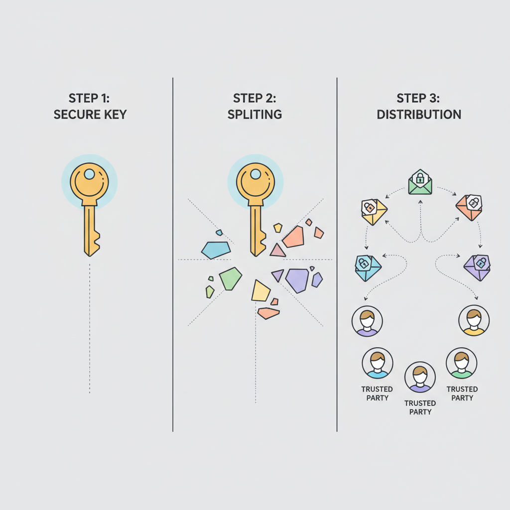 secure key splitting into shards distributed to multiple trusted parties, minimalist diagram