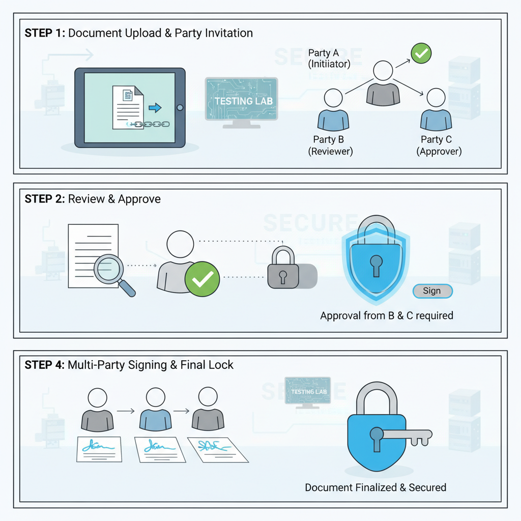 multi-party signing test with approvals and locks, secure testing lab visual