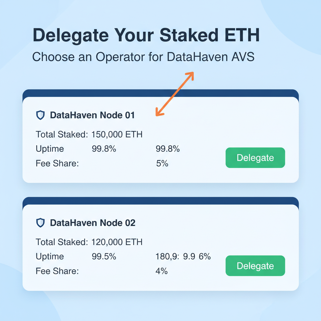 EigenLayer operator delegation screen listing DataHaven AVS operators with stats and 'Delegate' buttons