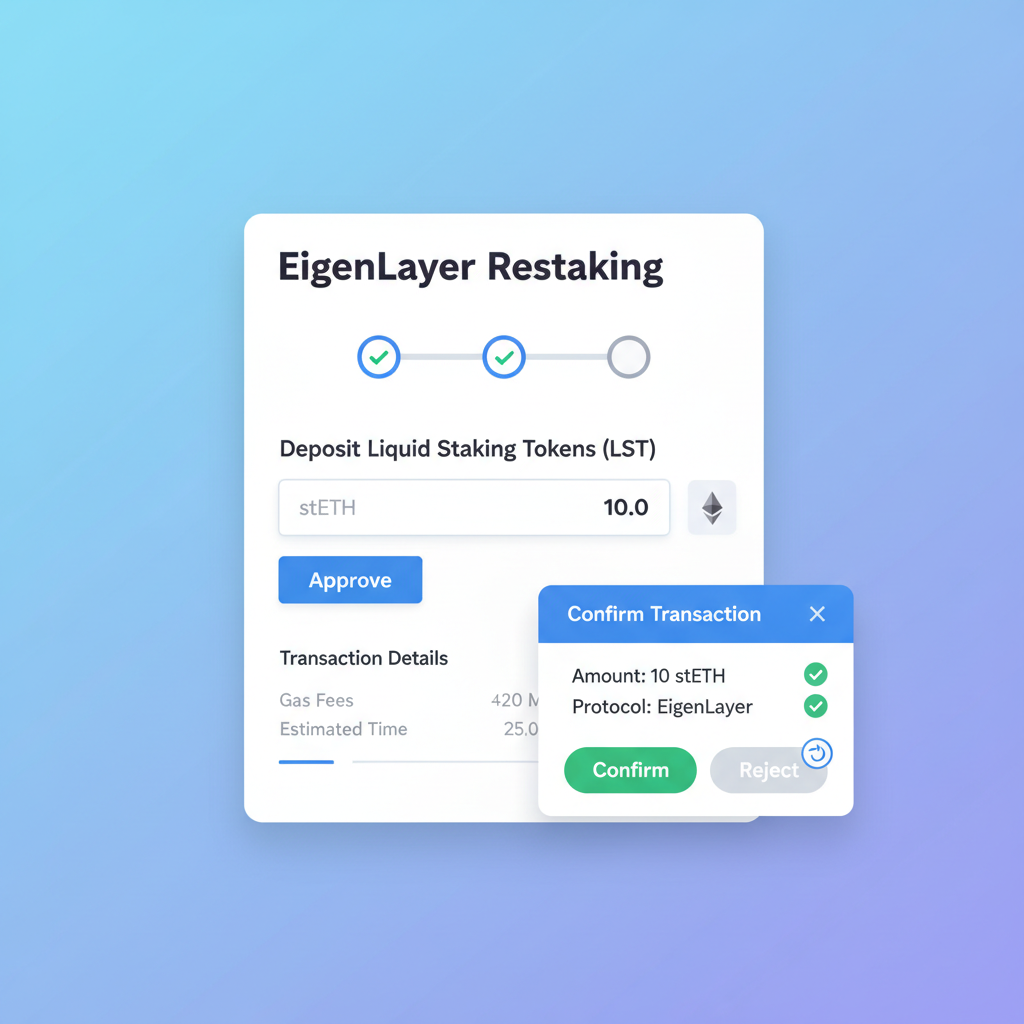 EigenLayer restaking interface with LST deposit form, stETH input field, transaction confirmation popup