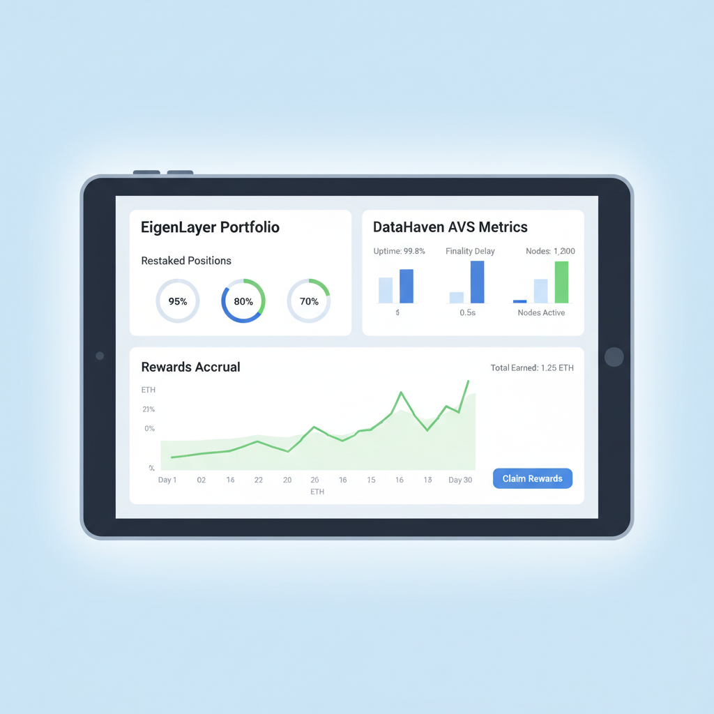 EigenLayer portfolio dashboard showing restaked positions, DataHaven AVS metrics, rewards graph