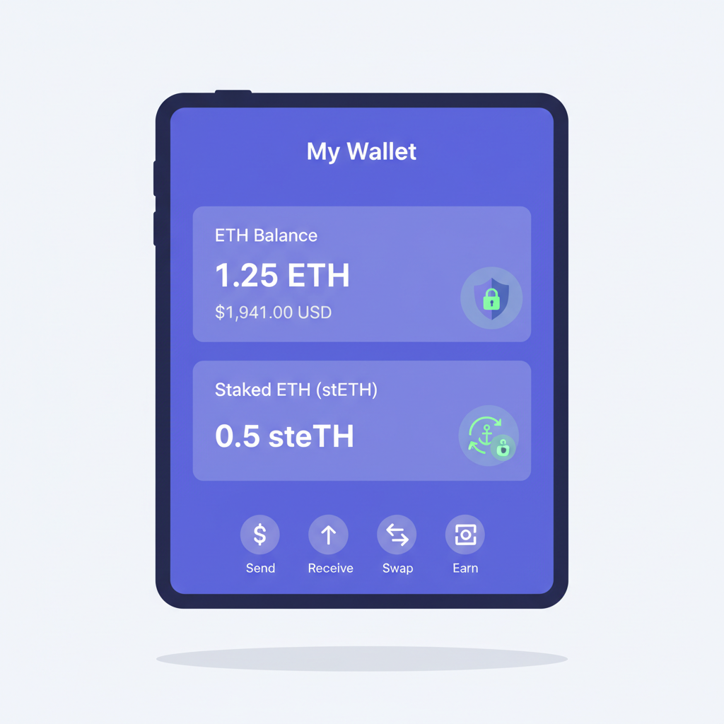 Modern Ethereum wallet interface showing ETH balance at $1941 and stETH, clean UI with security icons