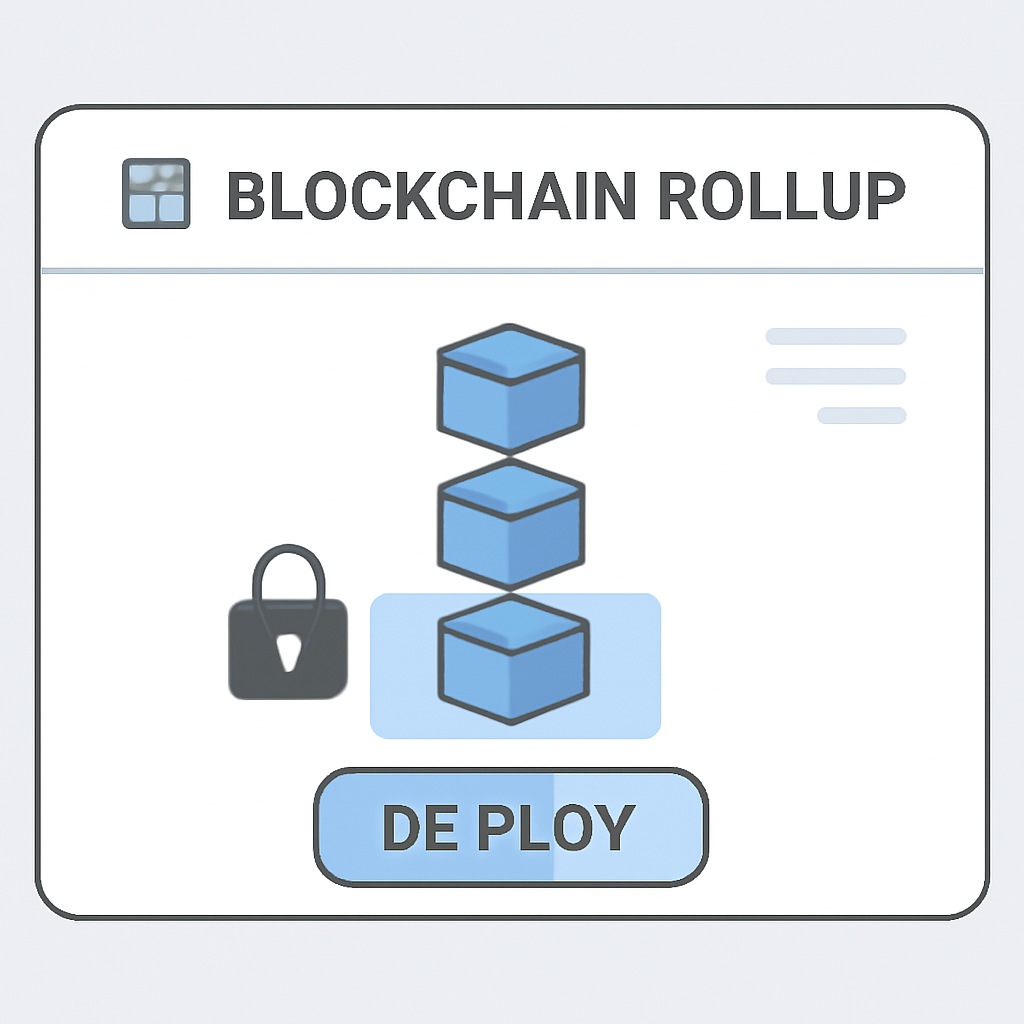 A blockchain rollup dashboard with a 'Deploy' button, modular blocks stacking, and a privacy lock symbol