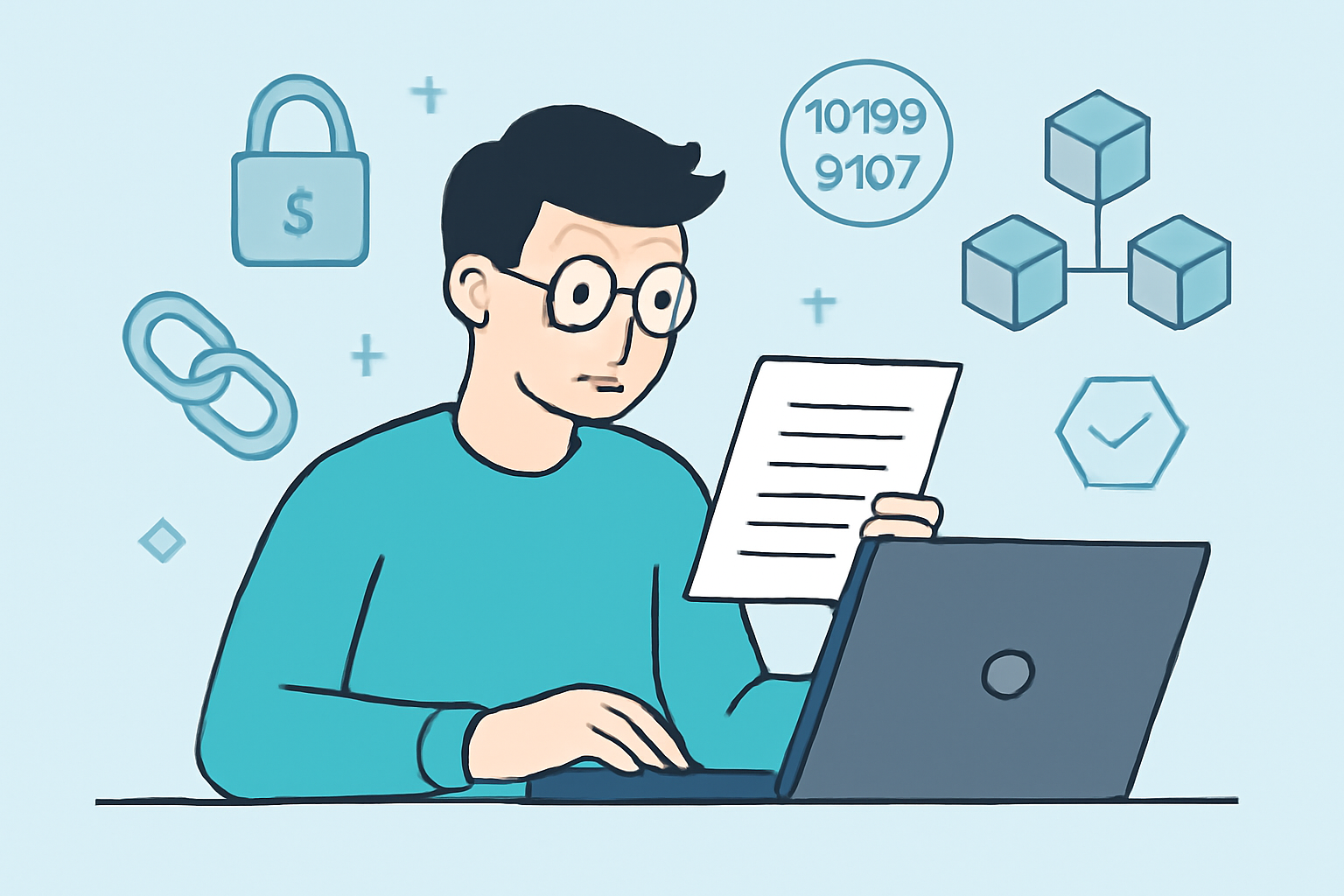A developer reading digital documentation on a laptop, with cryptographic symbols and blockchain icons in the background, modern flat style