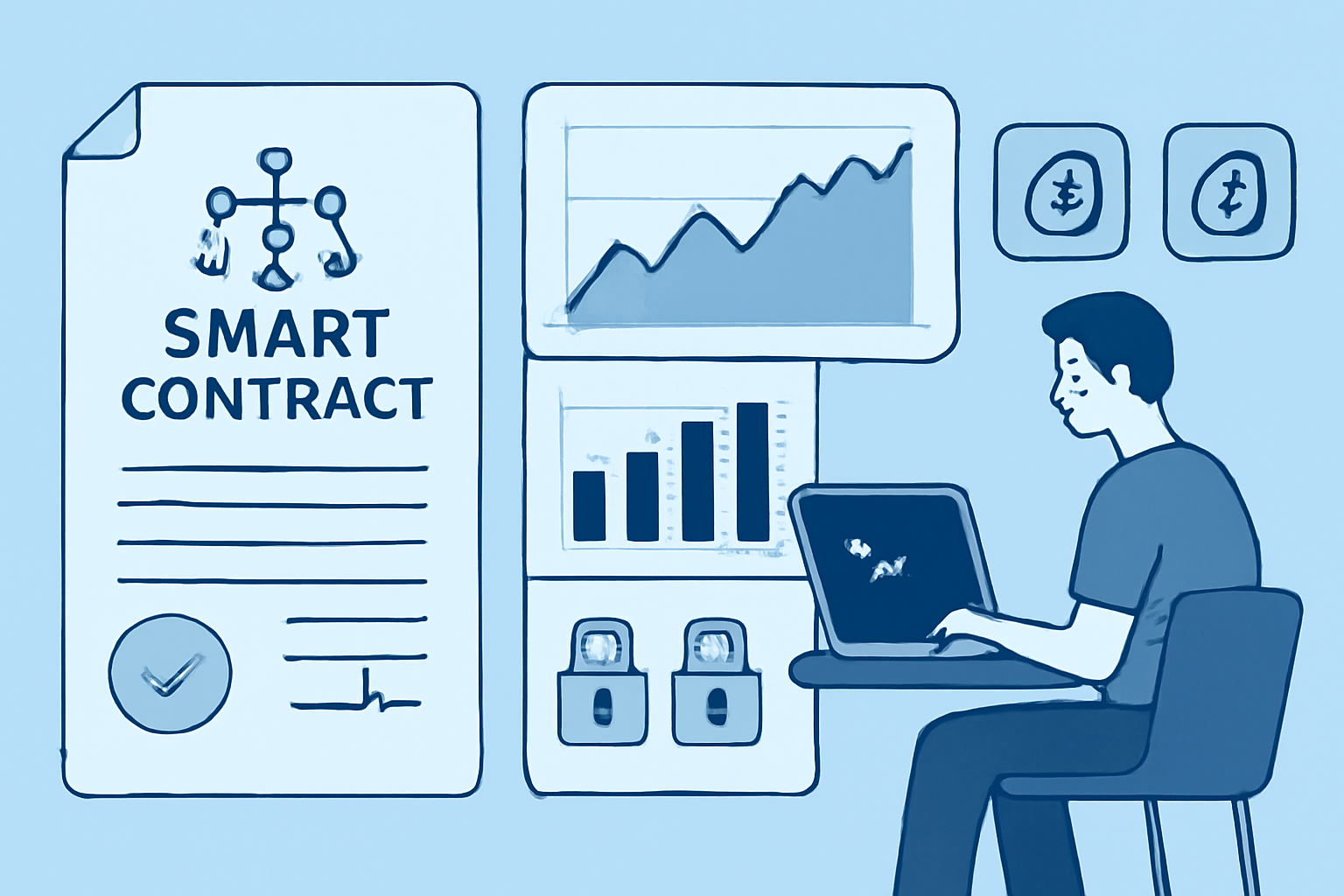 A dashboard showing smart contract analytics, encrypted transaction icons, and a developer interacting via a secure terminal