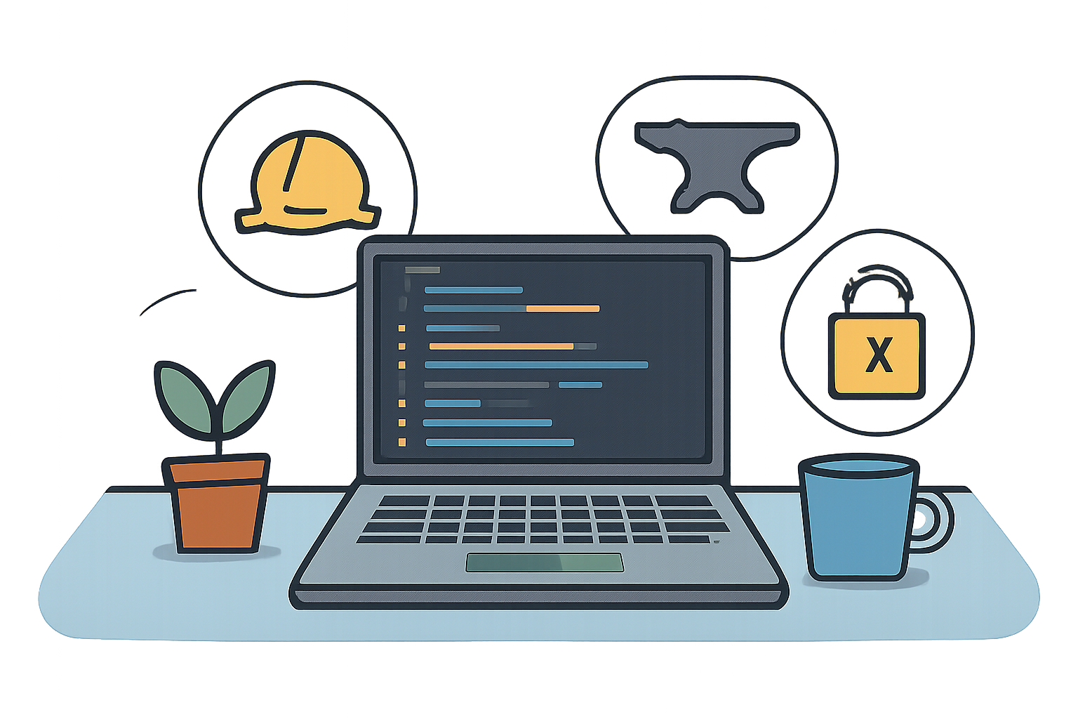 A workspace with a laptop displaying code, surrounded by Hardhat and Foundry logos, and a secure lock symbol representing privacy