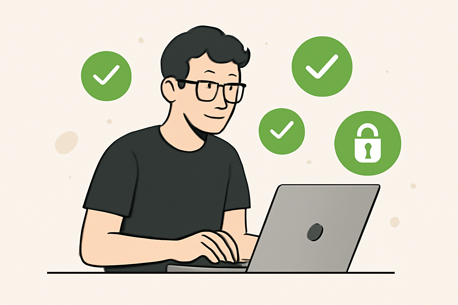 A developer running tests on a laptop, with green checkmarks and encrypted data icons floating around