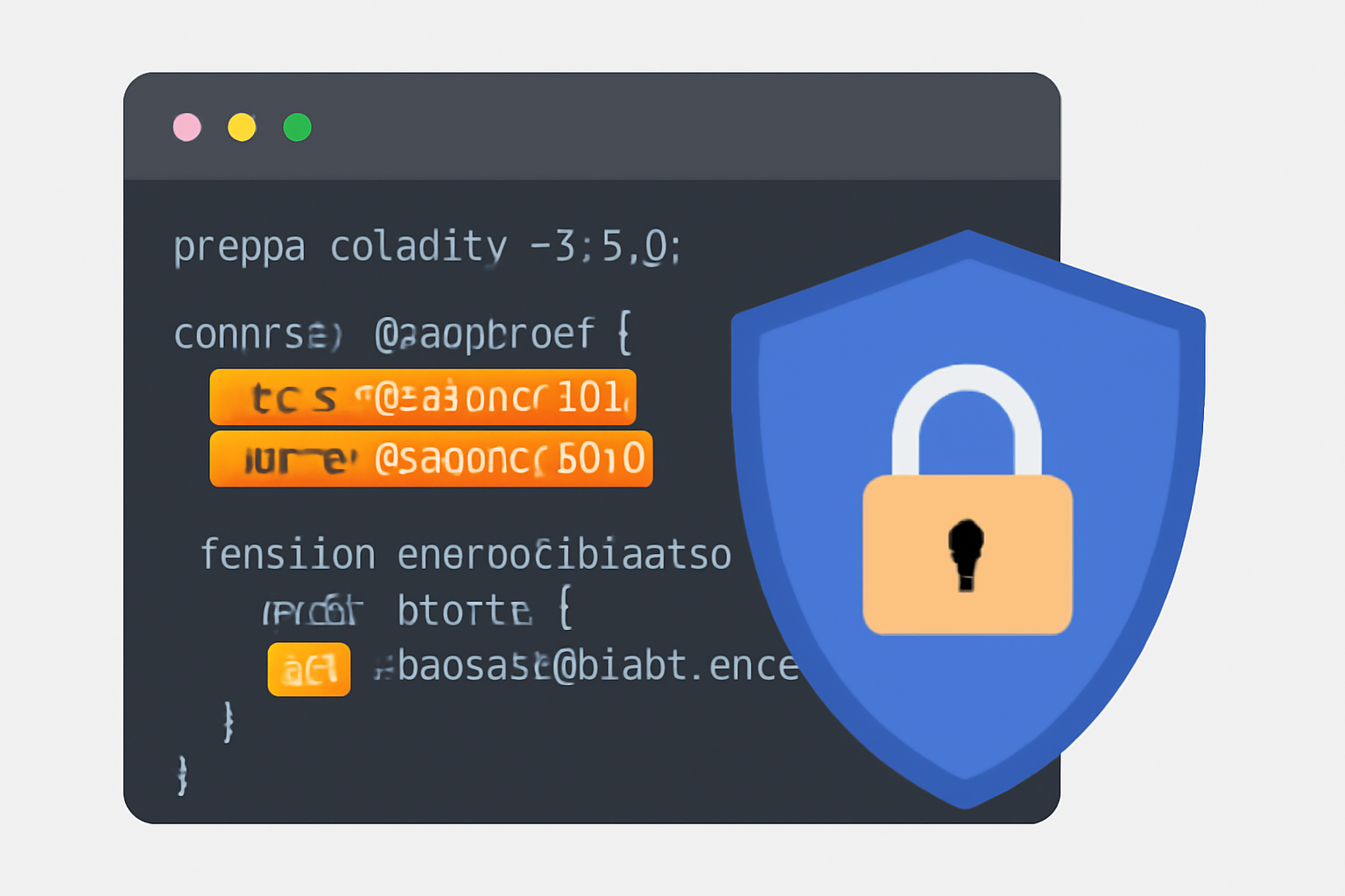 A code editor with Solidity code, highlighting encrypted variables, with a shield and lock overlay for privacy emphasis