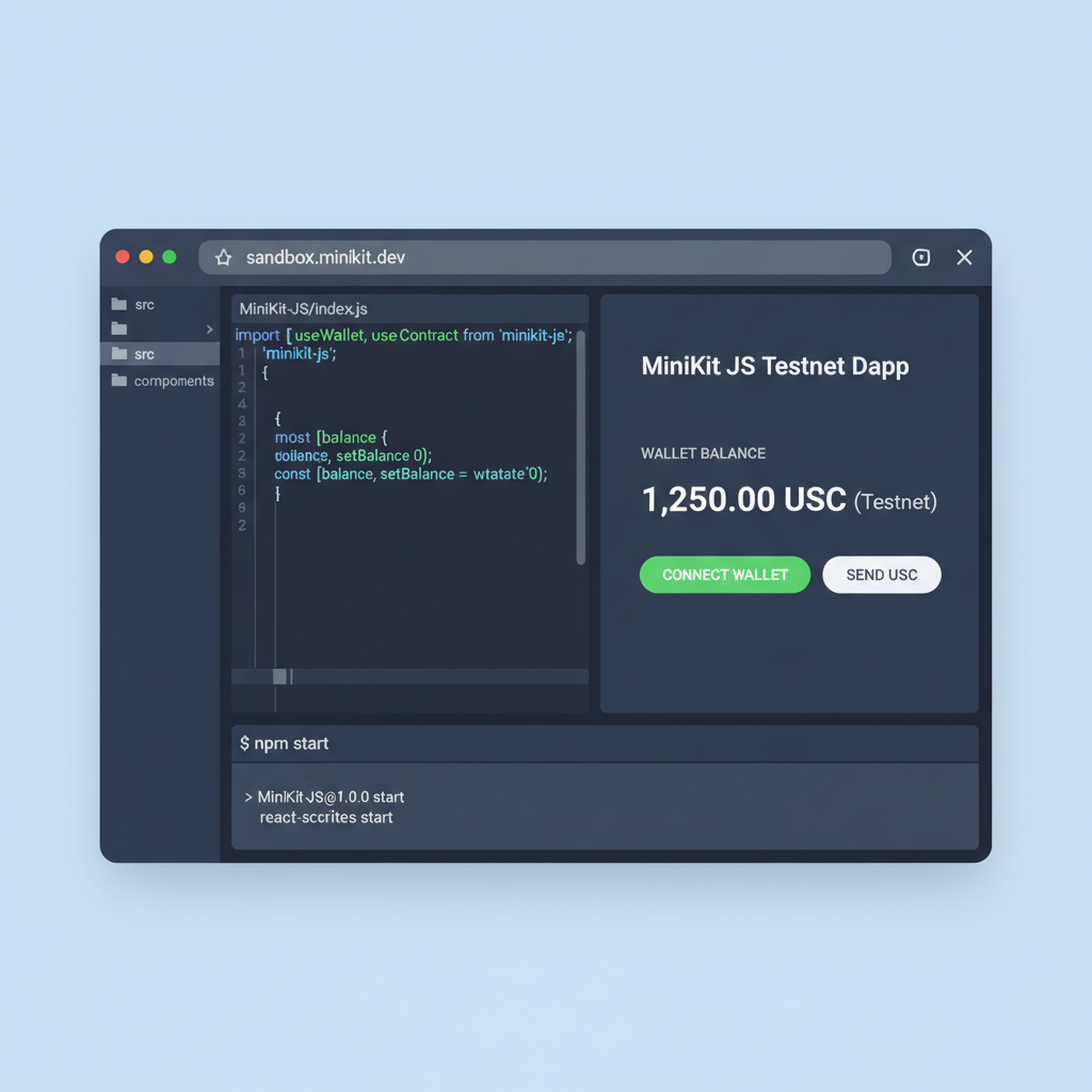 developer at desk setting up sandbox testnet USDC wallet in React code editor, clean modern UI, code snippets visible