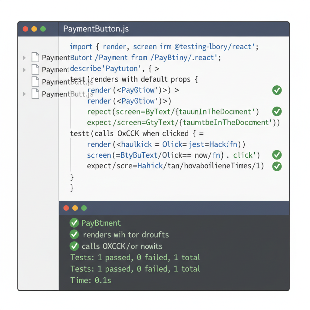 close-up of React code with unit tests for payment button props, green pass checks, terminal output