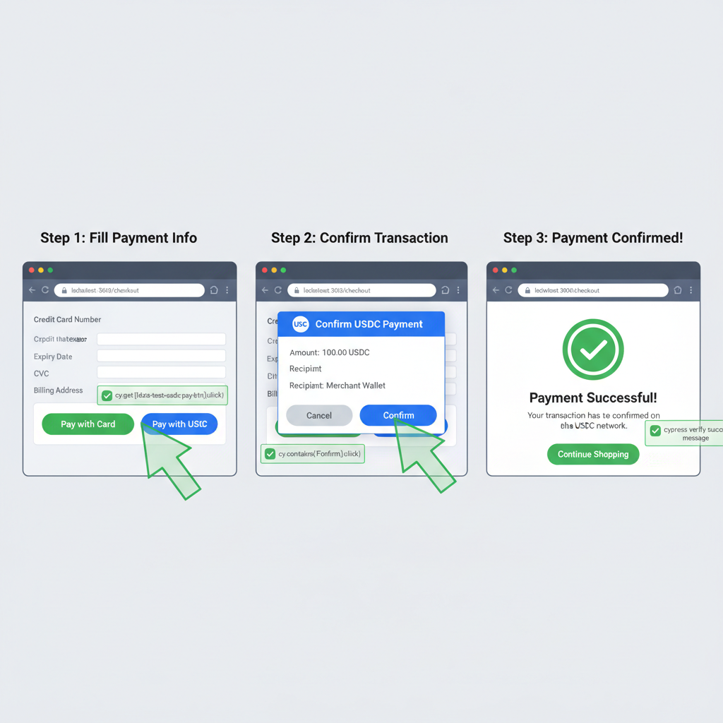 Cypress E2E test running checkout flow in browser, payment button click to USDC confirmation, step-by-step screenshots