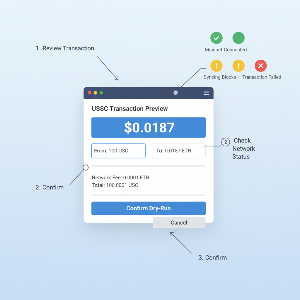 dashboard showing mainnet dry-run USDC transaction simulation, price charts with $0.0187 highlighted, React app in background