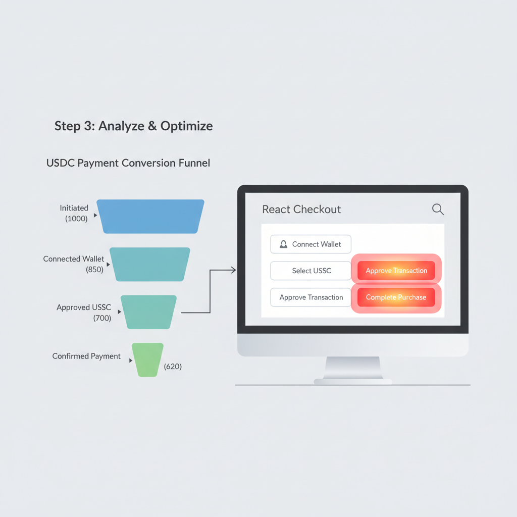 analytics dashboard with USDC payment conversion funnel charts, React app metrics, green upward trends