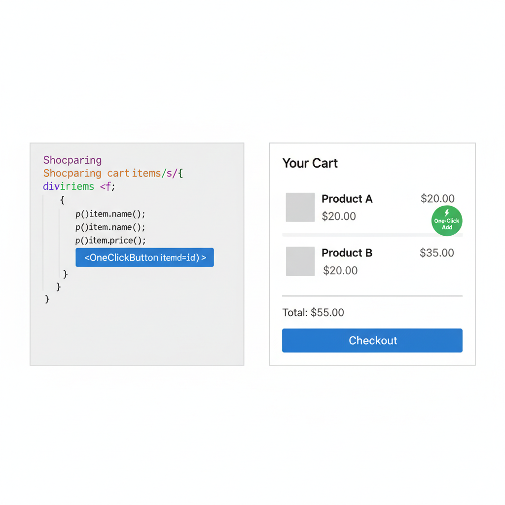 React code snippet in editor with OneClickButton added to cart JSX, shopping cart UI mockup beside it, clean design