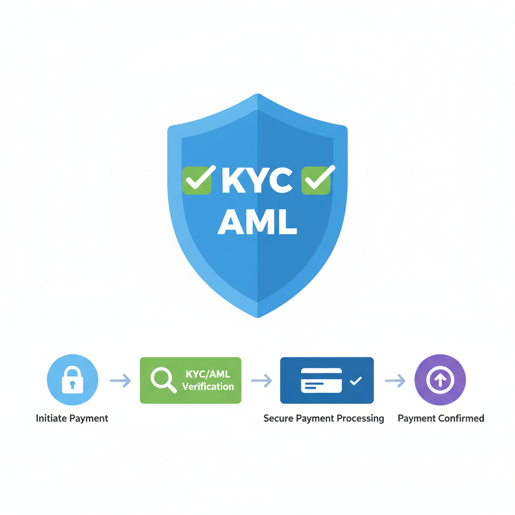 compliance shield icon with checkmarks kyc aml, secure payment flow diagram