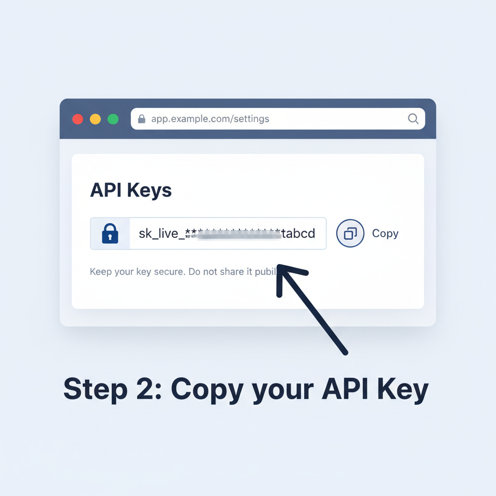 dashboard screenshot with api key copy button, modern web ui, secure lock icon