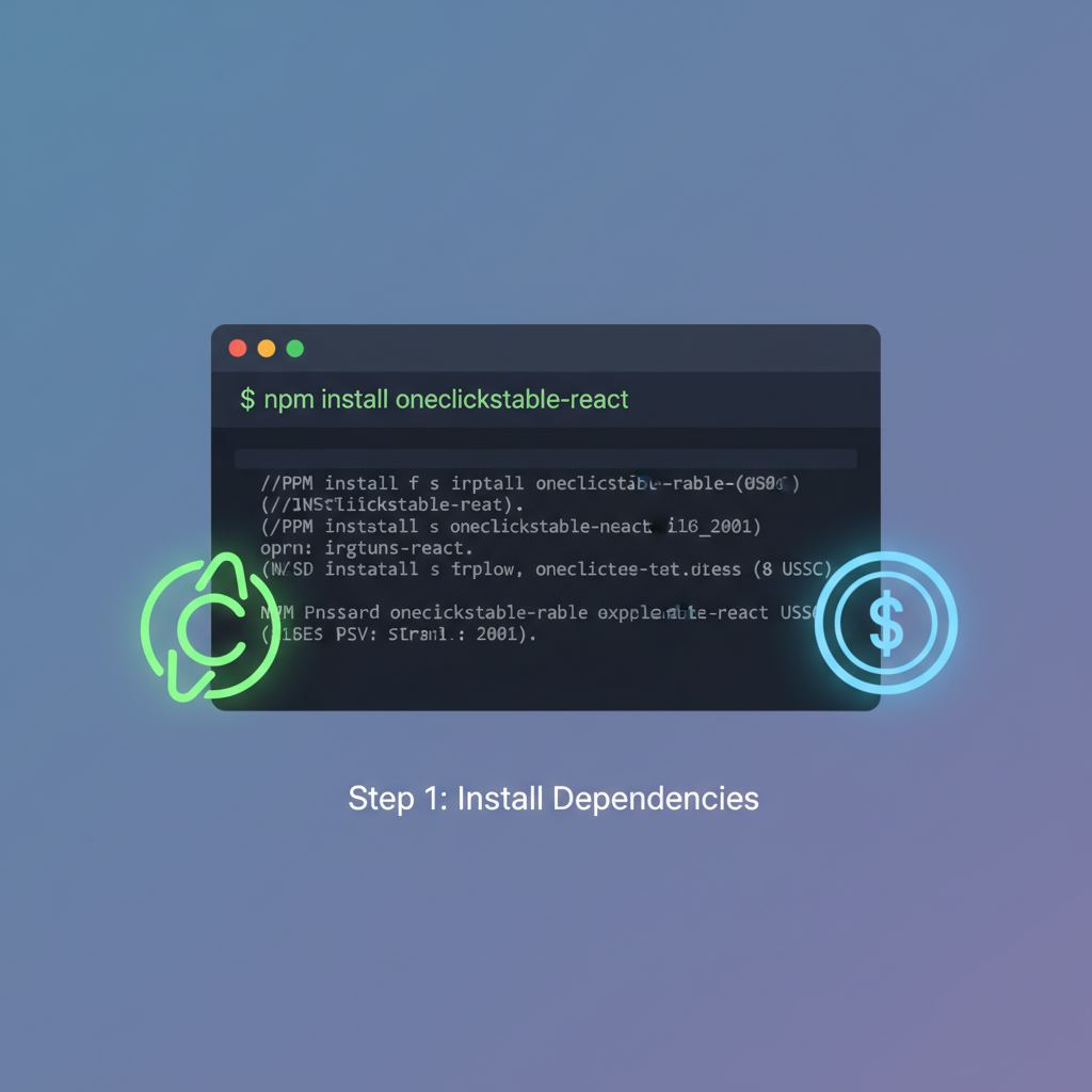 clean terminal window running npm install command for react sdk, code syntax highlight, modern dark theme