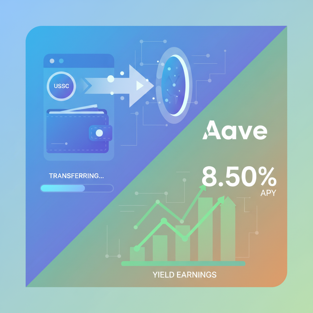Dynamic screen split: USDC transferring to Aave dashboard with yield graphs rising, futuristic crypto vibe