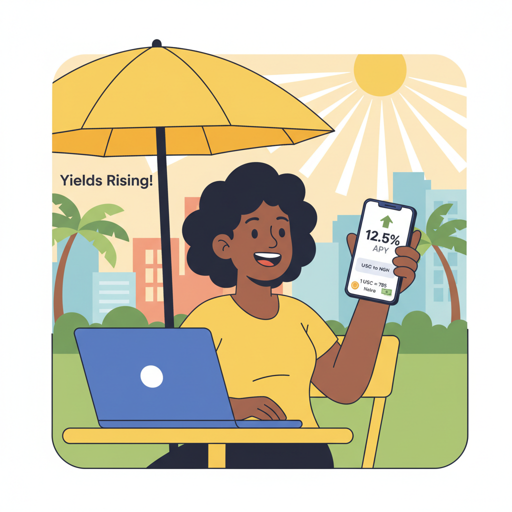 Happy Nigerian freelancer checking rising yields on phone, USDC to Naira conversion, sunny optimistic scene