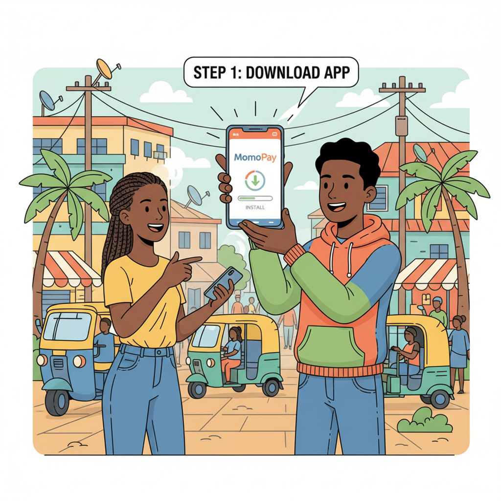 Nigerian youth excitedly downloading MomoPay app on smartphone, vibrant Lagos street background, energetic vibe
