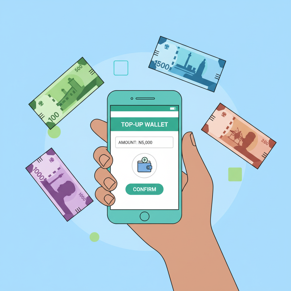 Hand holding phone topping up mobile money wallet with Naira, colorful Nigerian currency notes floating around