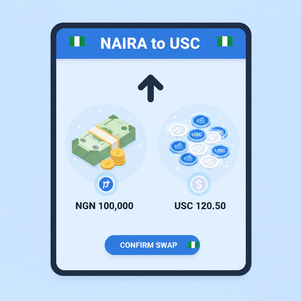 Phone screen showing Naira converting to USDC, glowing stablecoin icons, Nigerian flag accents