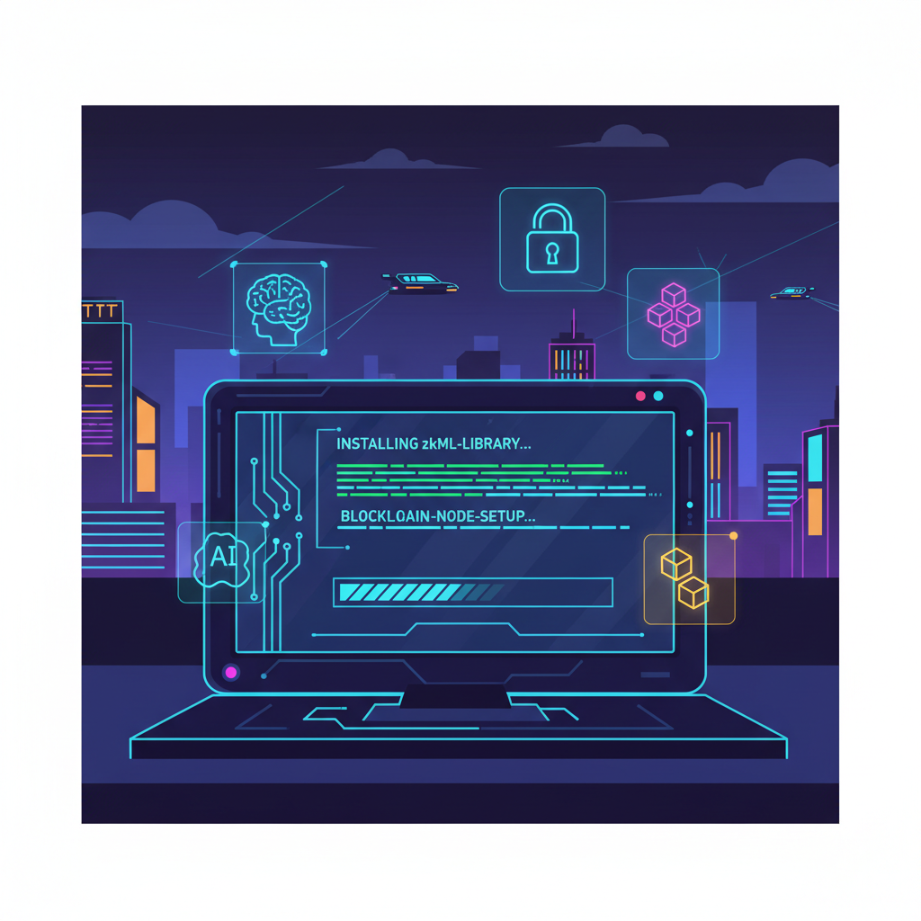 futuristic developer terminal installing zkML library and blockchain node, glowing circuits and AI icons, cyberpunk neon style