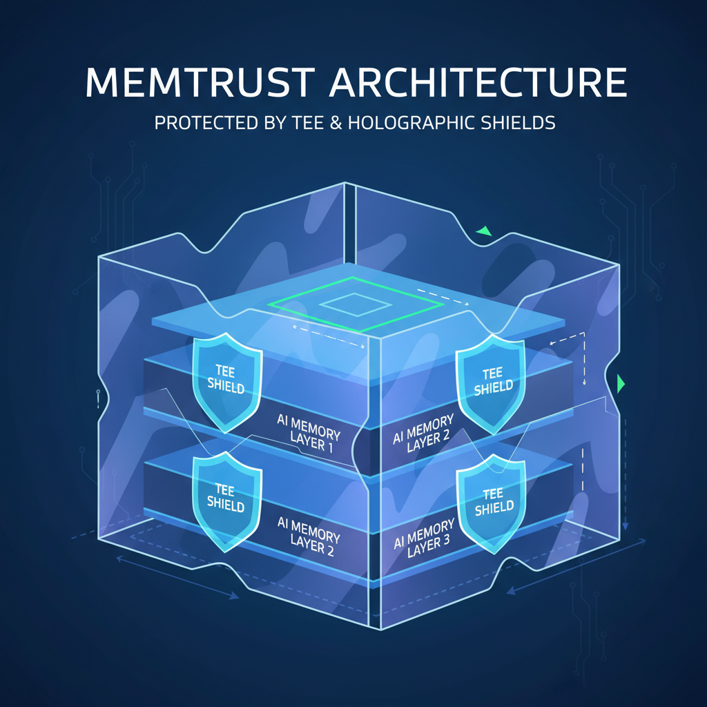 layered MemTrust architecture with TEE shields protecting AI memory layers, holographic security barriers, sci-fi design