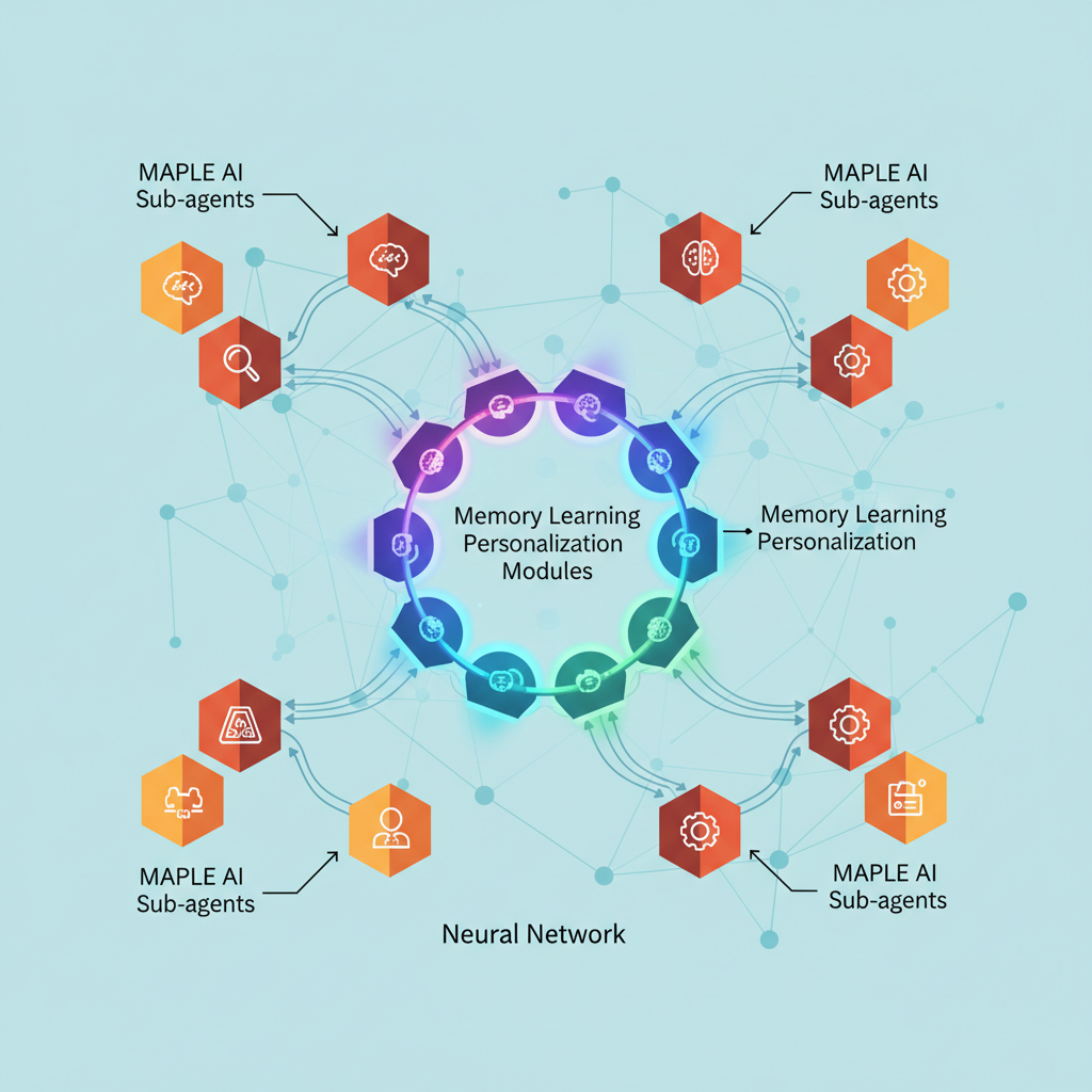 MAPLE AI sub-agents collaborating in a neural network, memory learning personalization modules glowing, vibrant digital art