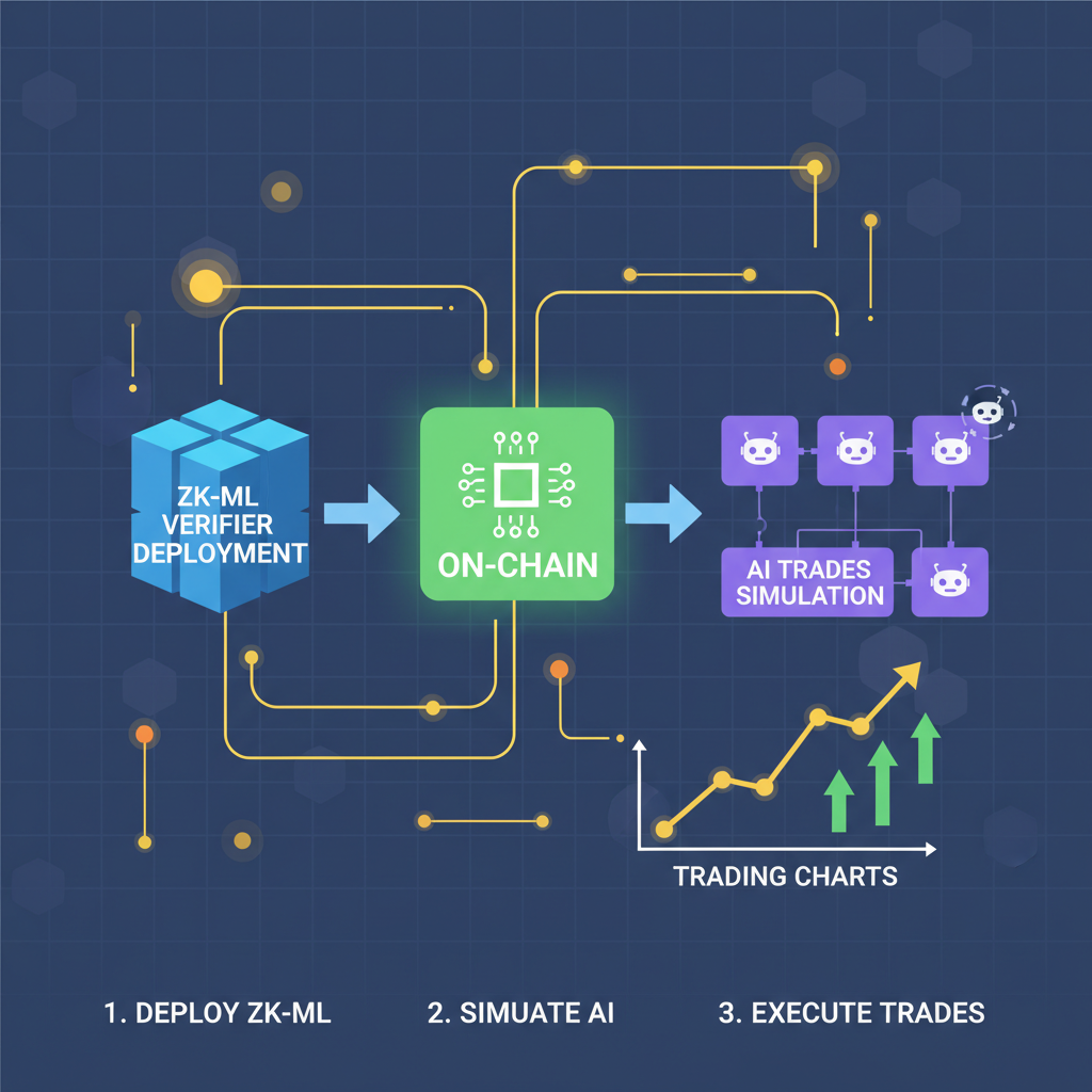on-chain deployment of zkML verifier with simulated AI trades, blockchain blocks and trading charts, futuristic finance scene