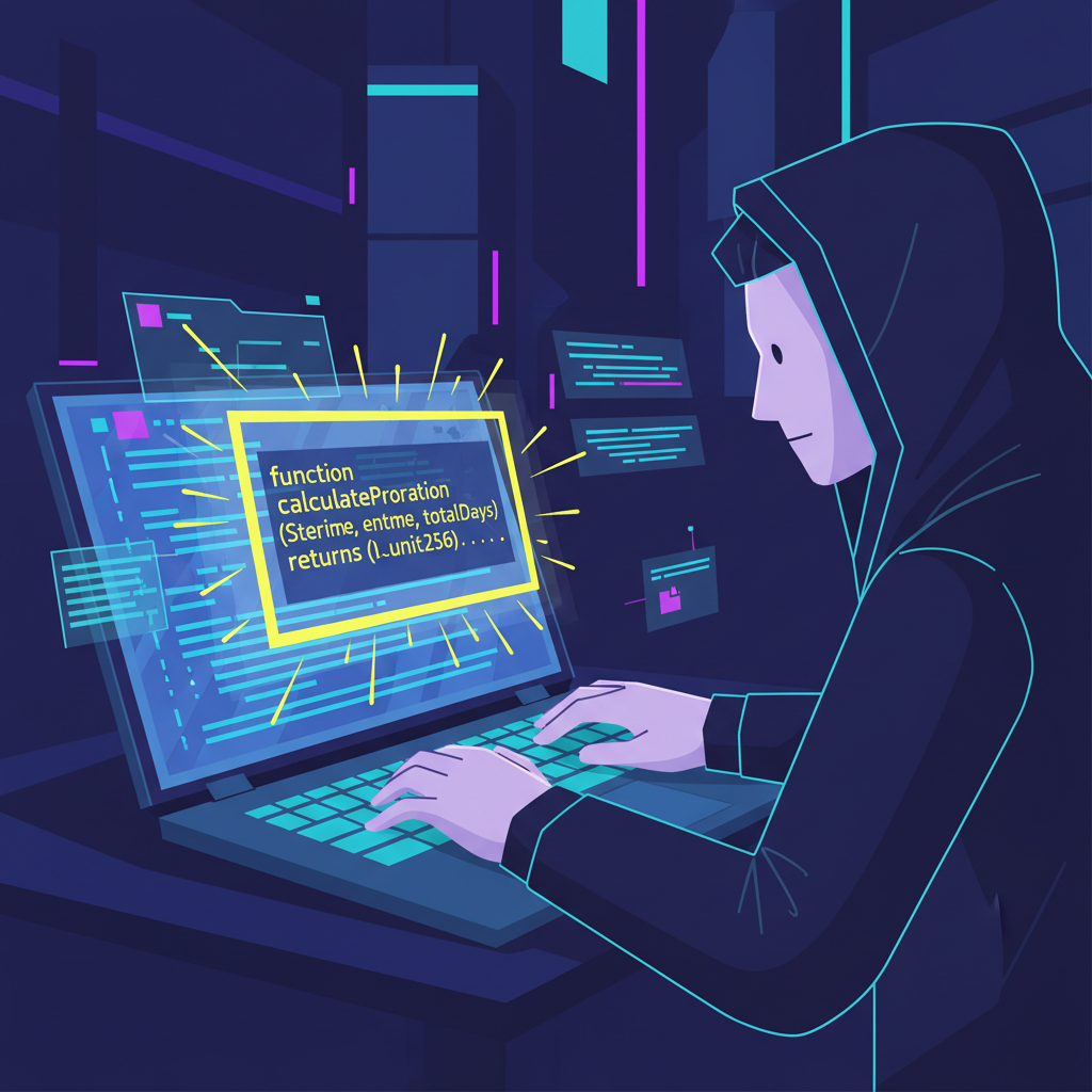Developer auditing blockchain smart contract code on laptop, proration logic highlighted, futuristic UI, cyberpunk style