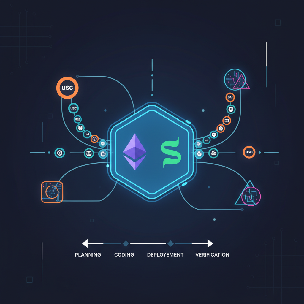 Blockchain deployment scene, Ethereum and Solana logos glowing, stablecoin icons flowing, network nodes connecting, neon digital art