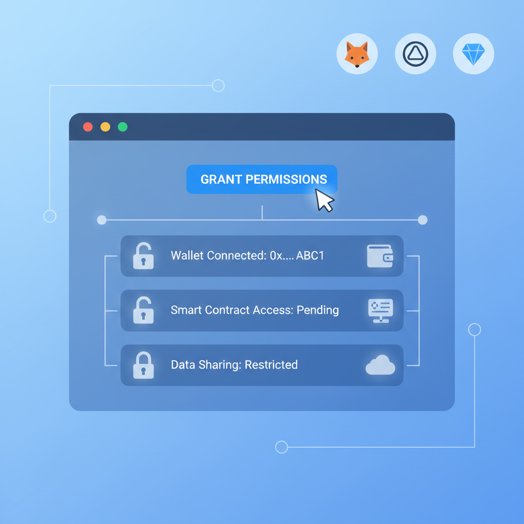 User granting permissions on Base blockchain dashboard, lock icons and wallet connections, secure digital interface, minimalist blue tones