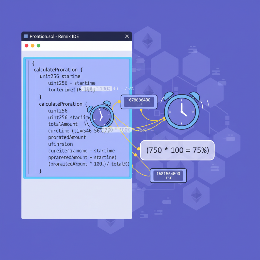 Solidity code editor with proration algorithm highlighted, timestamps and calculations animating, Ethereum blockchain background