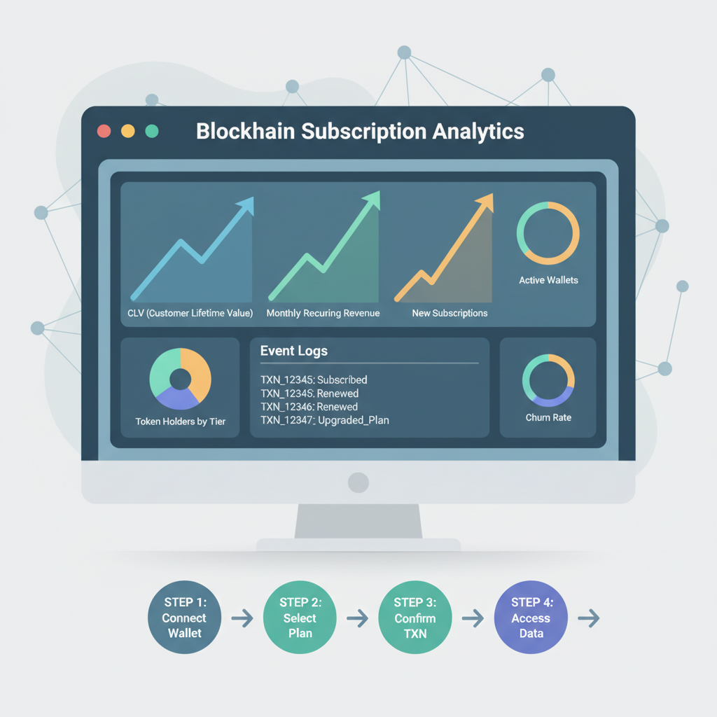Analytics dashboard showing blockchain subscription metrics, rising graphs for CLV, event logs streaming, modern data viz style