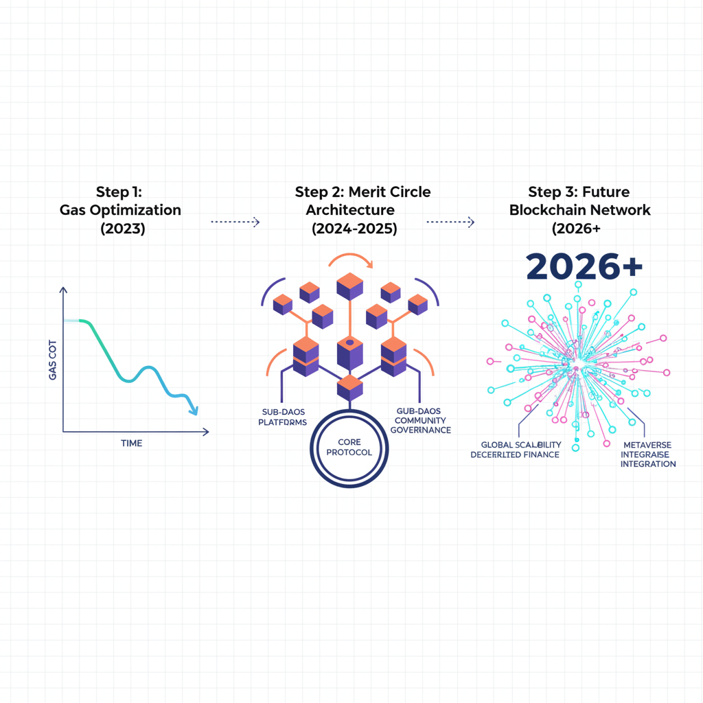 Gas optimization graph decreasing, Merit Circle architecture diagram scaling up, futuristic blockchain network expanding to 2026