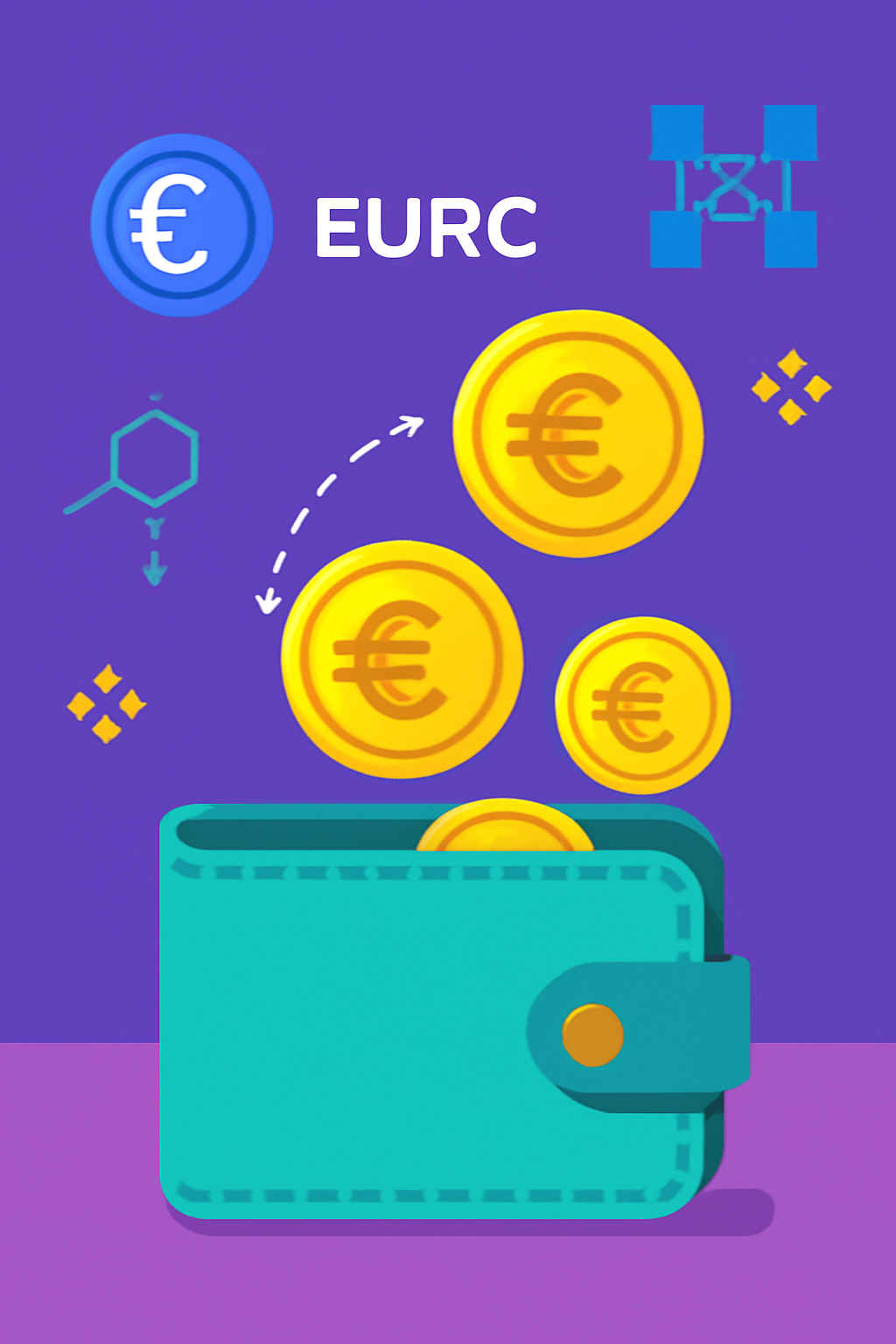 A digital wallet receiving Euro Coin (EURC) tokens, with euro symbols and blockchain graphics, vibrant colors