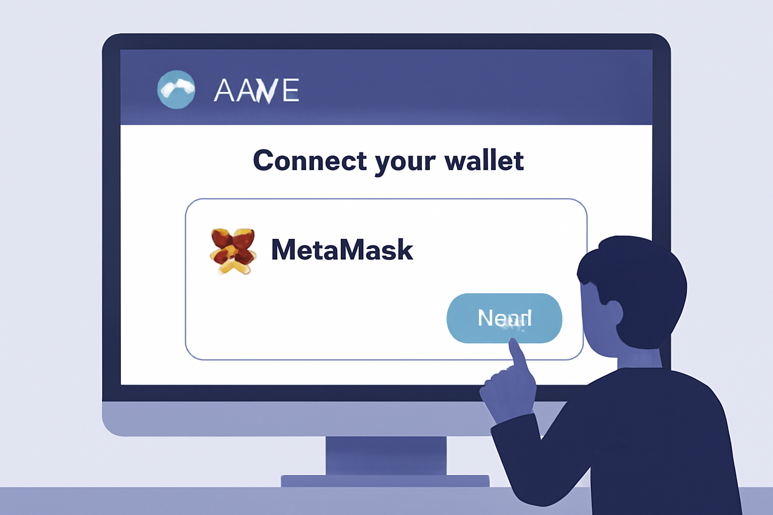 A user connecting their MetaMask wallet to the Aave platform on a desktop screen, with the Aave ghost logo visible, clean UI