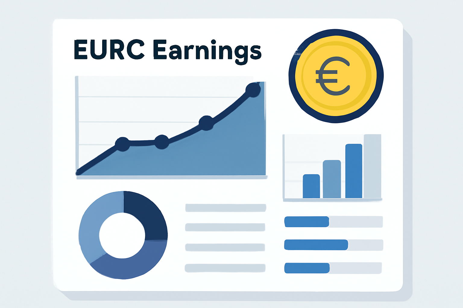 A dashboard showing growing EURC earnings, with charts and a euro coin icon, modern and user-friendly design
