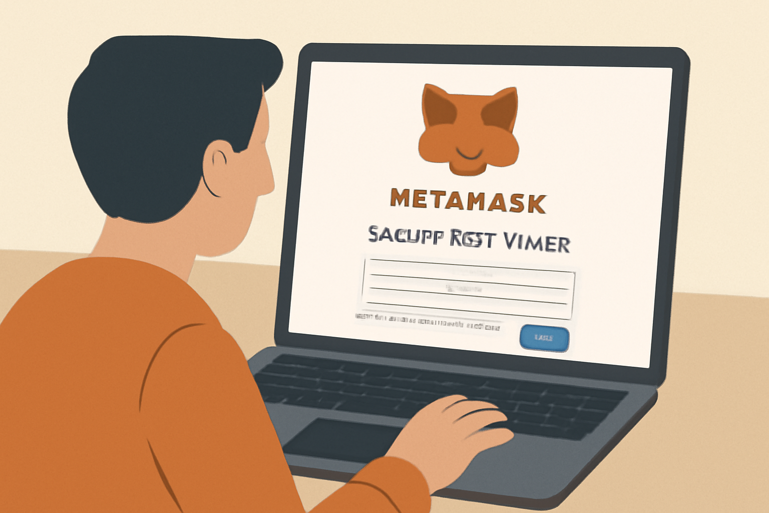 A person setting up a MetaMask wallet on their laptop, showing the MetaMask fox logo and a secure backup phrase screen, digital art