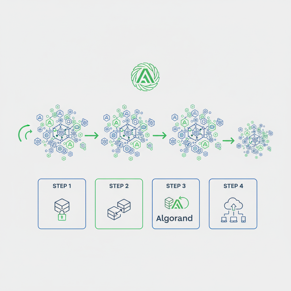 Blockchain bundles of 100 API icons grouped atomically, Algorand logo, efficiency arrows