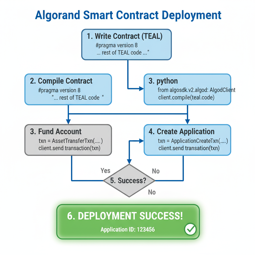 Smart contract deployment flowchart on Algorand, code snippets, green success deploy
