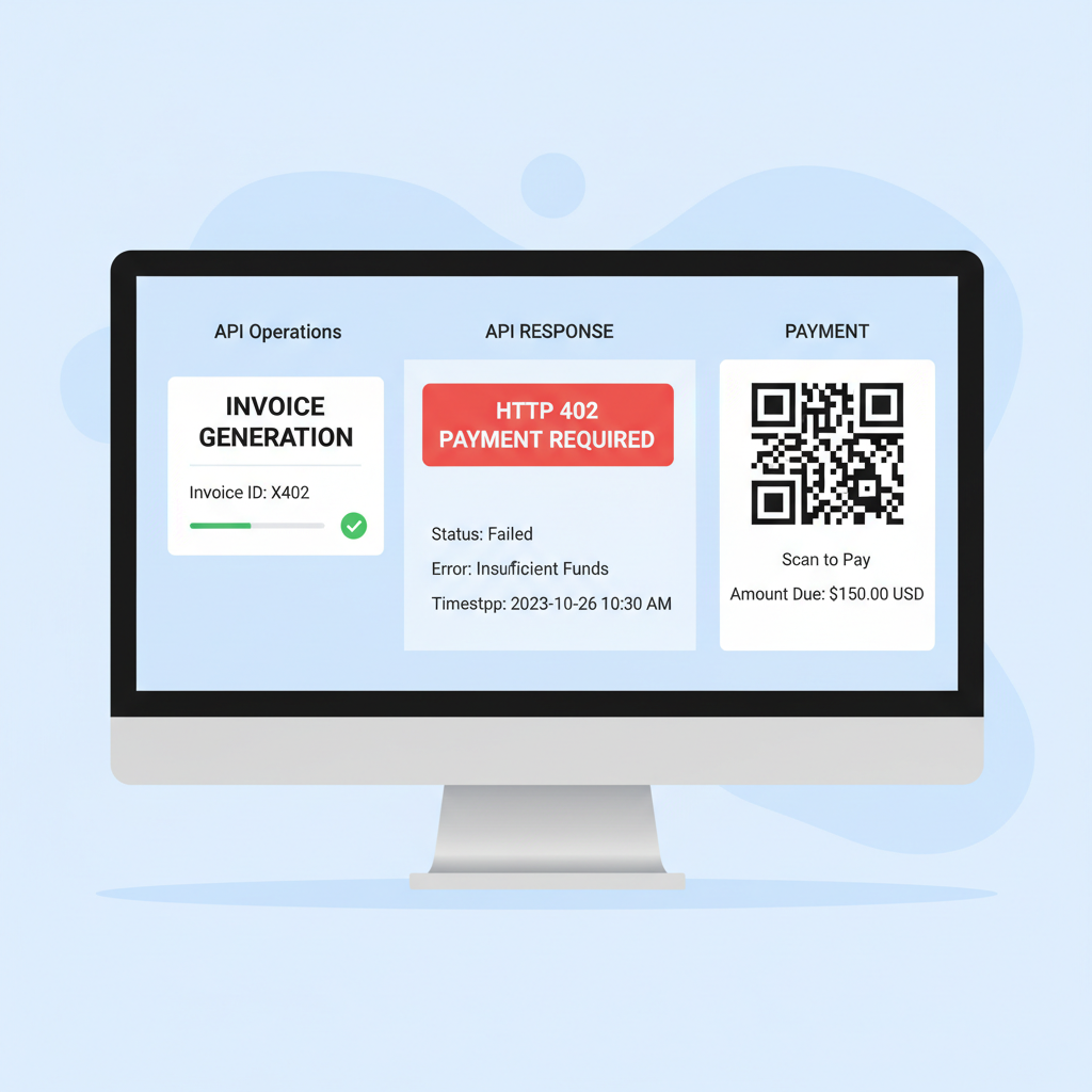 API dashboard showing X402 invoice generation, HTTP 402 status, payment QR code