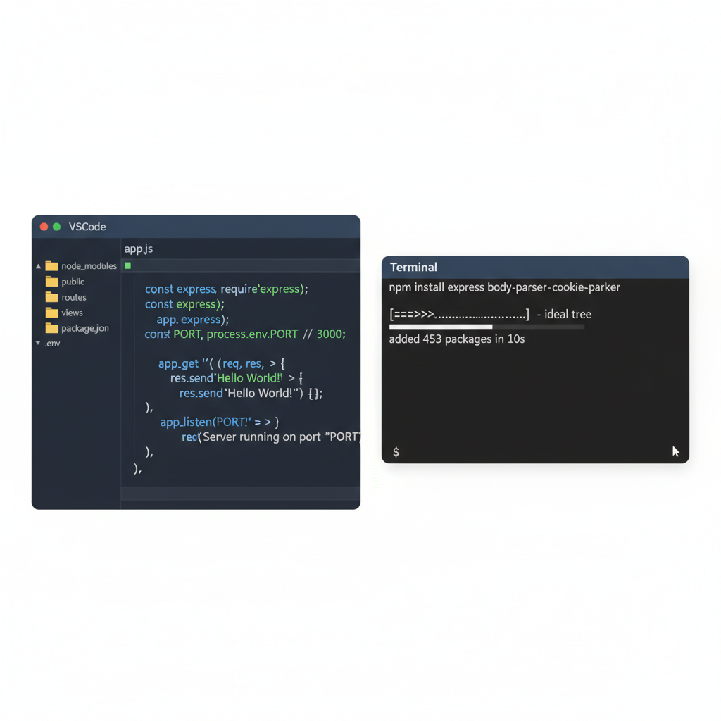 Node.js code editor with Express server setup, terminal installing packages, clean dark theme