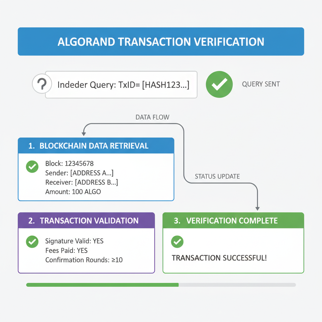Dashboard verifying blockchain transaction with Algorand indexer query, checkmarks and data flow