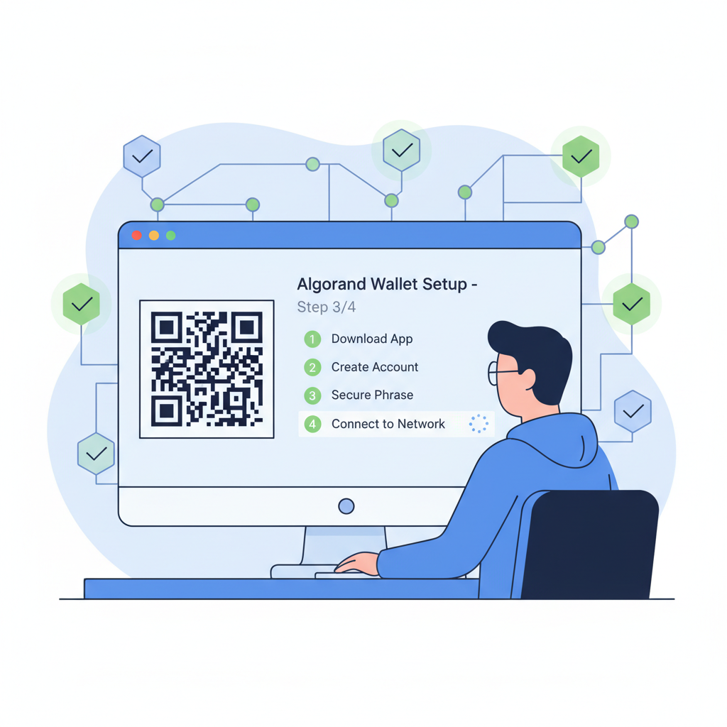 Developer setting up Algorand wallet on computer screen, blockchain nodes in background, green checkmarks