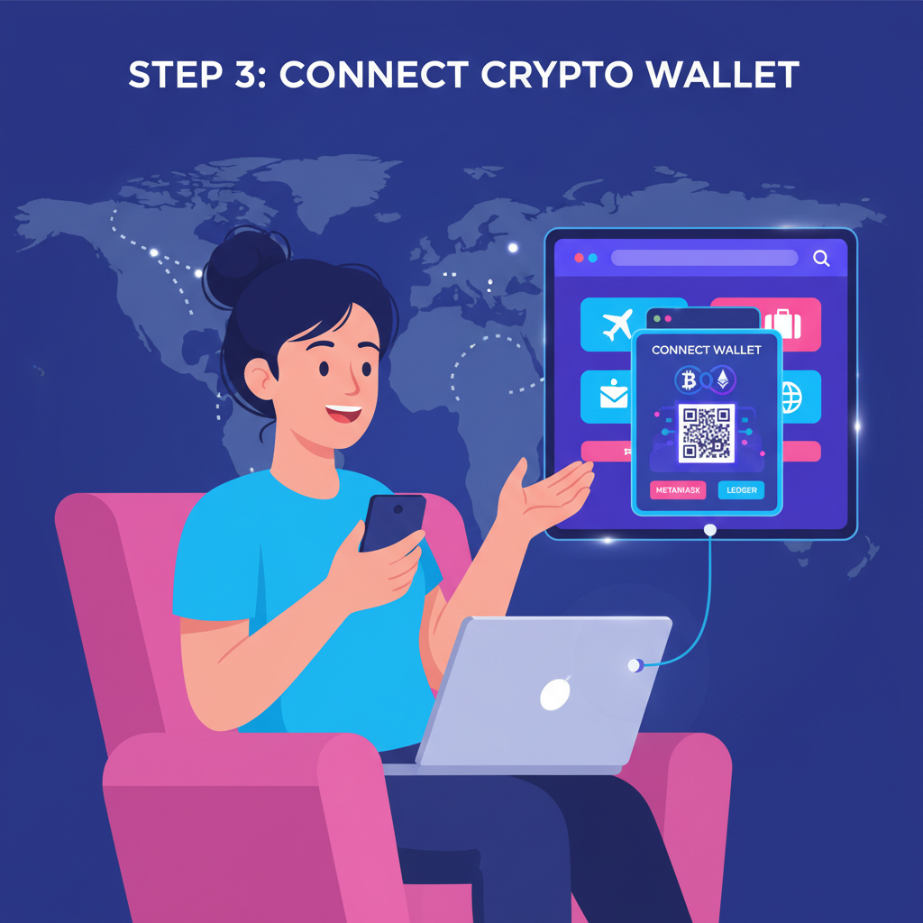 excited digital nomad connecting crypto wallet to vibrant travel booking site on laptop, neon UI, world map background