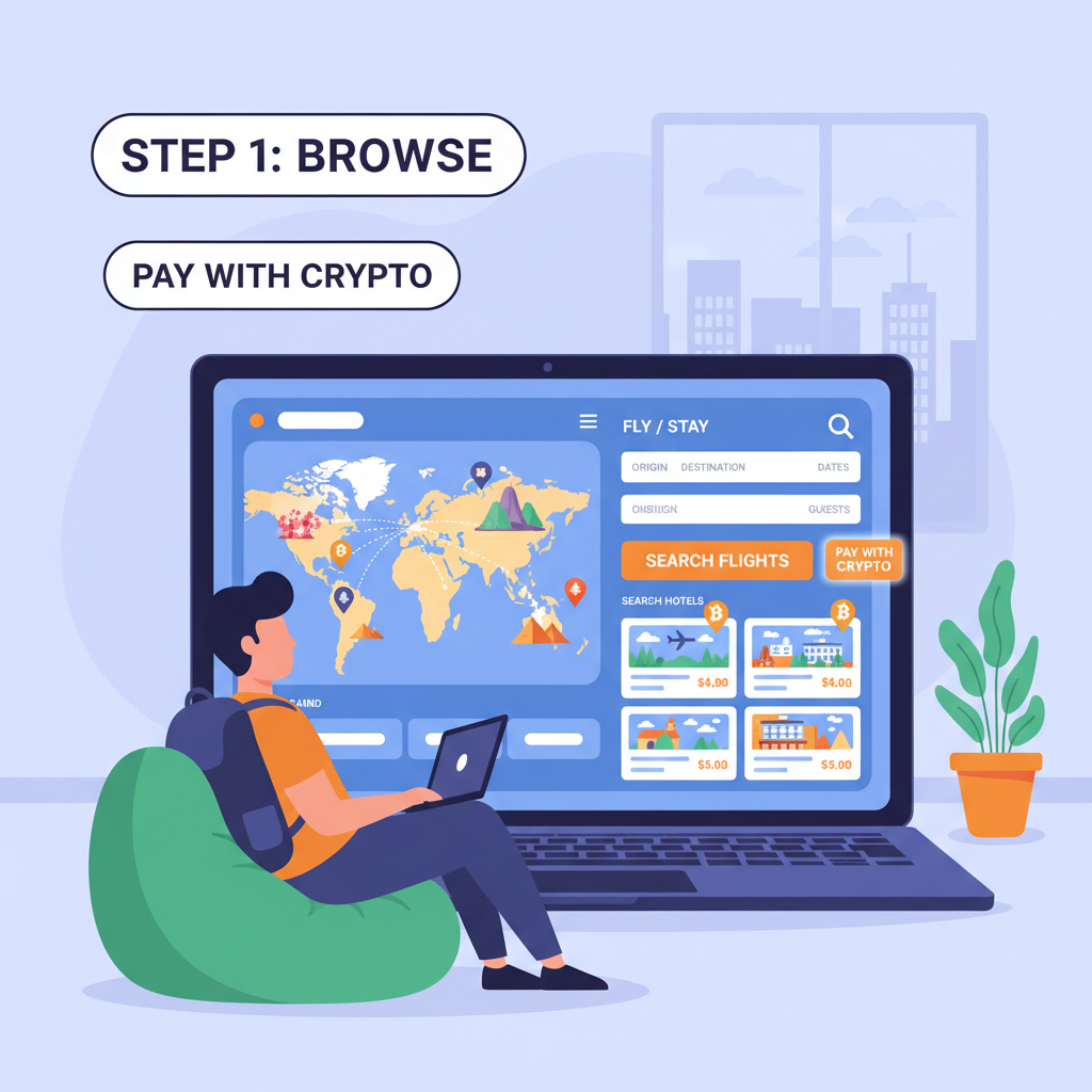 digital nomad browsing global flights and hotels on crypto travel platform, colorful destinations, search interface