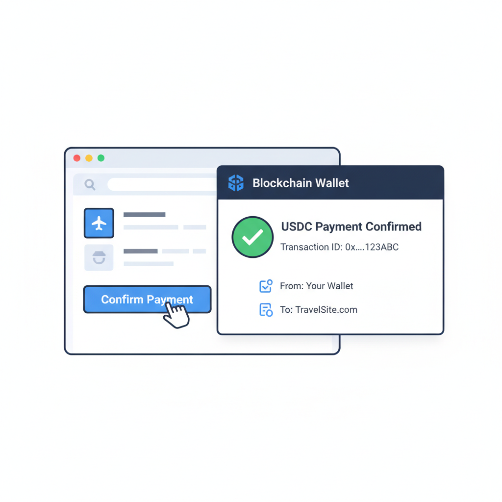 confirming USDC stablecoin payment on travel site, blockchain wallet popup, green checkmark