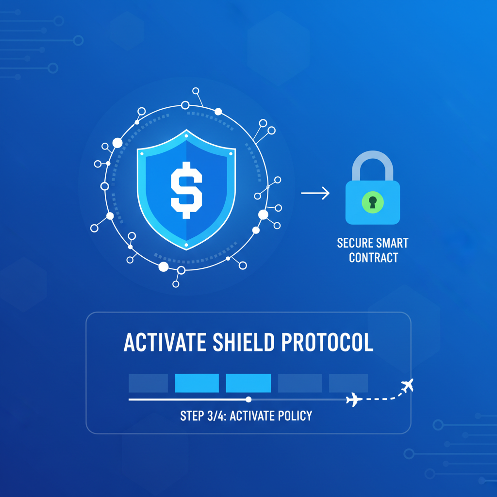 activating shield icon for onchain travel insurance, futuristic smart contract UI, secure lock